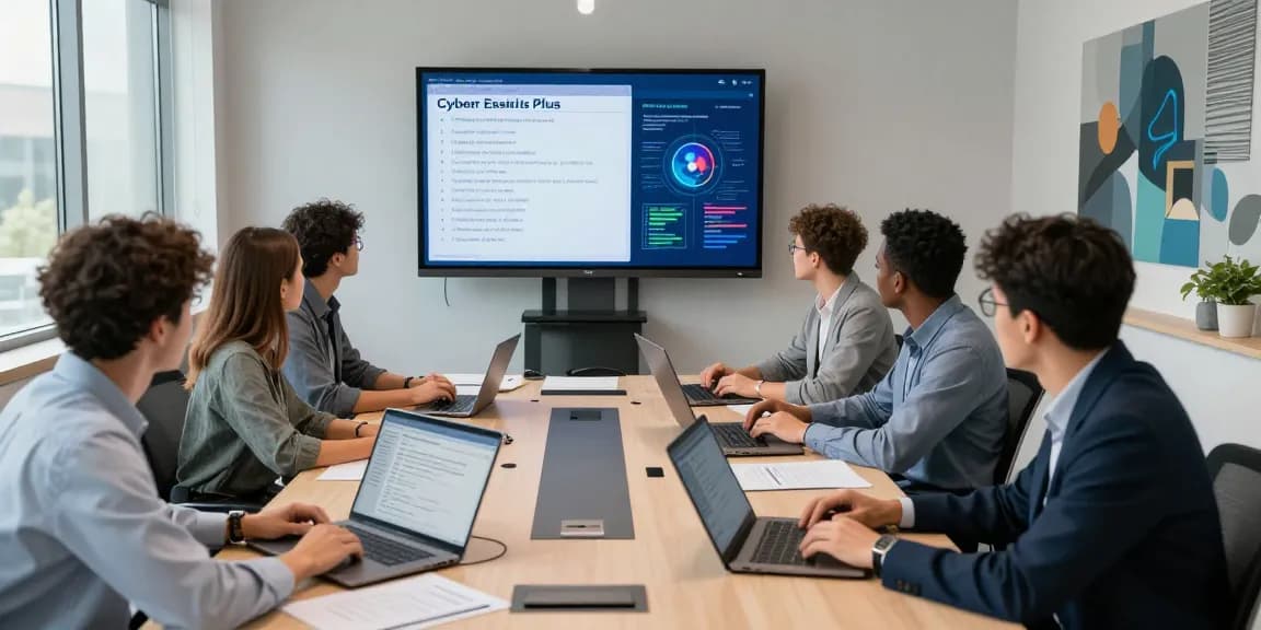 Collaboration scene discussing Cyber Essentials Plus certifications in a modern cybersecurity office setting.