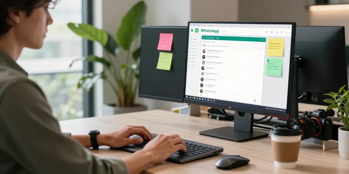 Person accessing WhatsApp網頁版 on a dual monitor setup in a modern office environment, promoting efficient communication.
