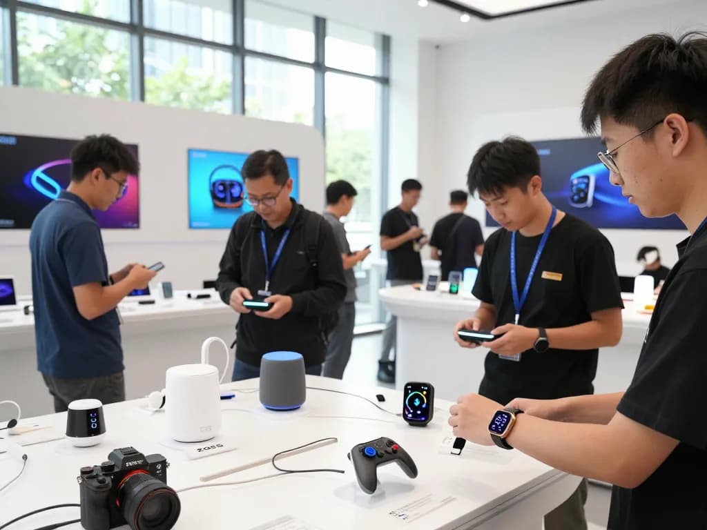 Showcasing the latest tech gadgets 2065 in a vibrant showroom with people interacting with innovative Bluetooth devices.
