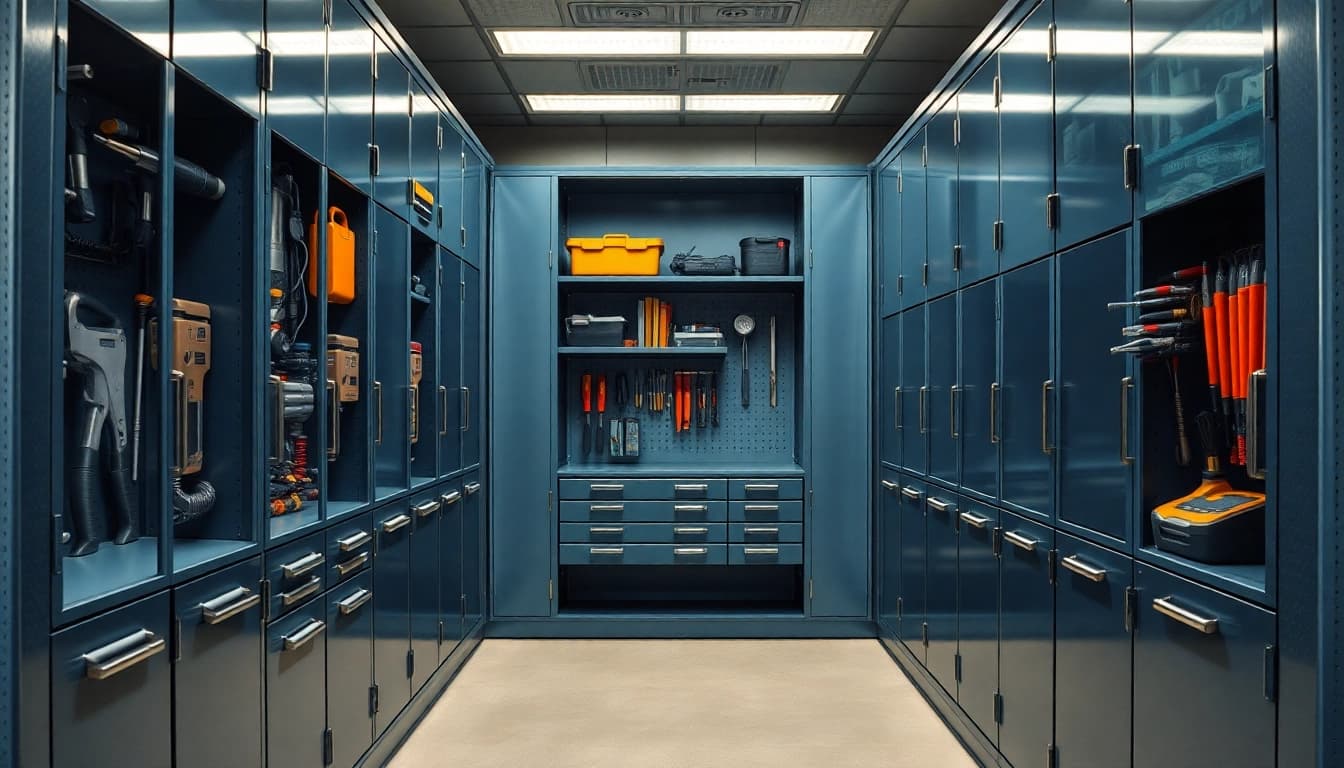 Armadio da officina ben organizzato con attrezzi luminosi e ordinati.