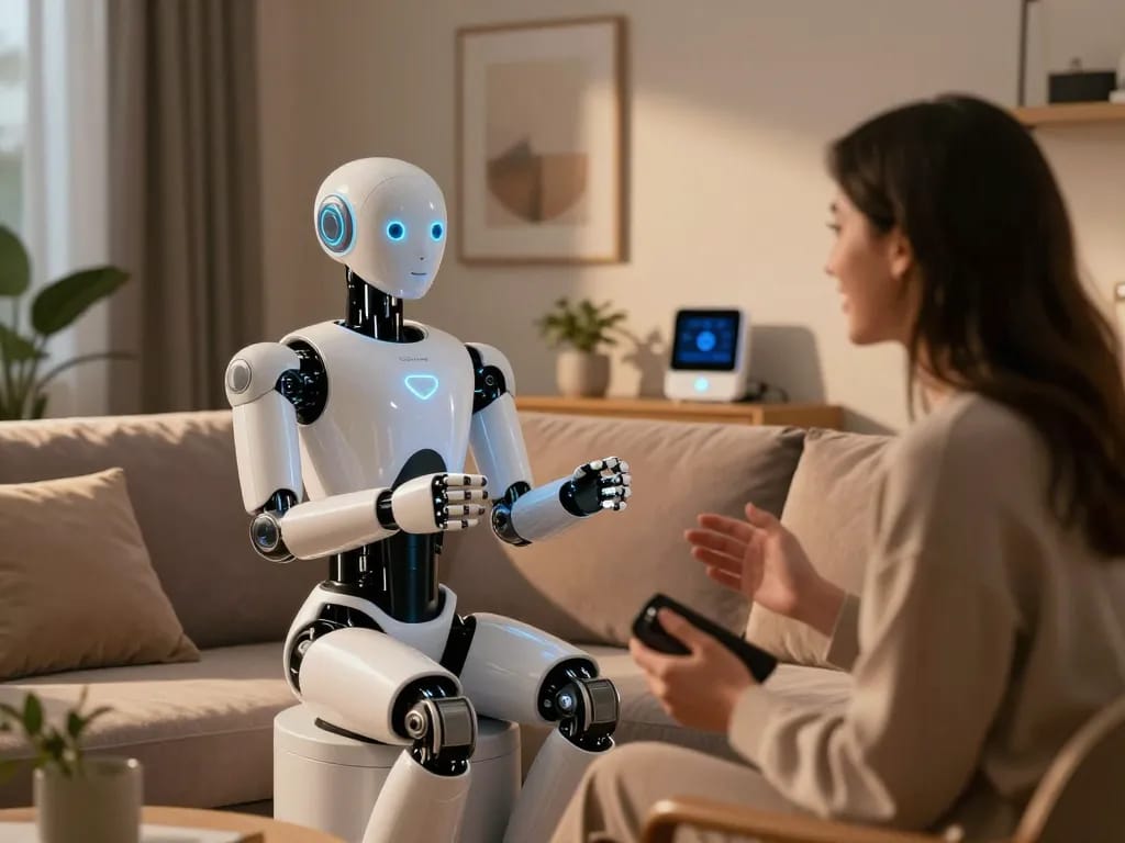 AI sex bot interacting with a user in a modern apartment, showcasing futuristic companionship.