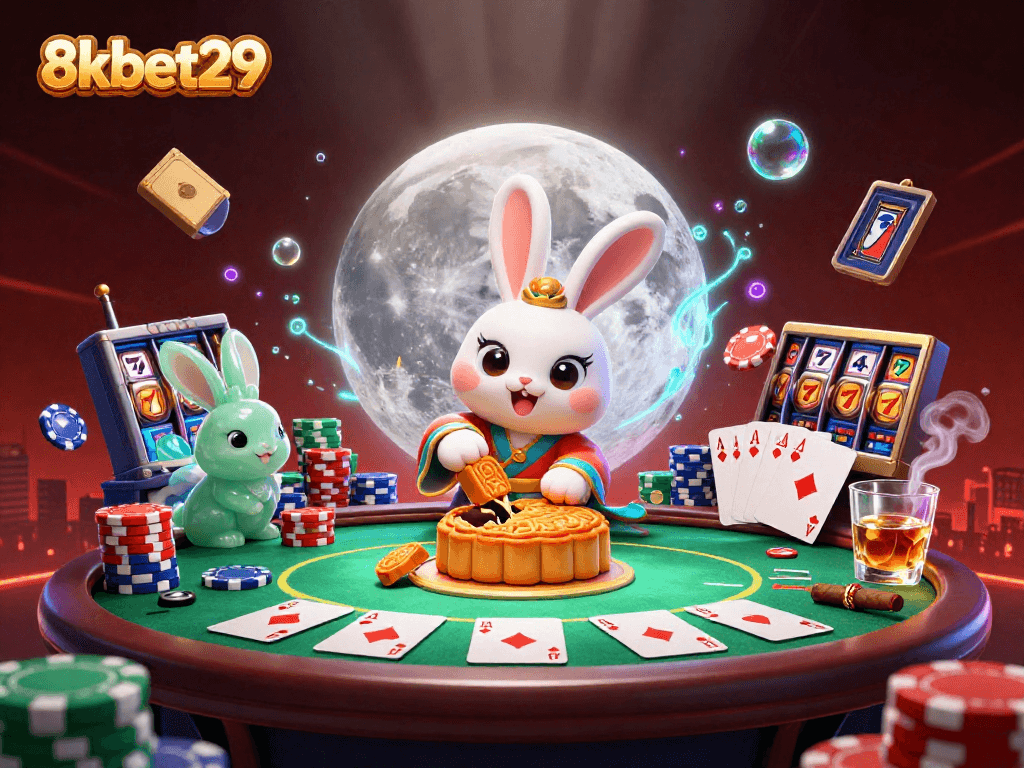 Experience thrilling gaming action with 8kbet29's vibrant casino illustration featuring poker elements and a moon rabbit.