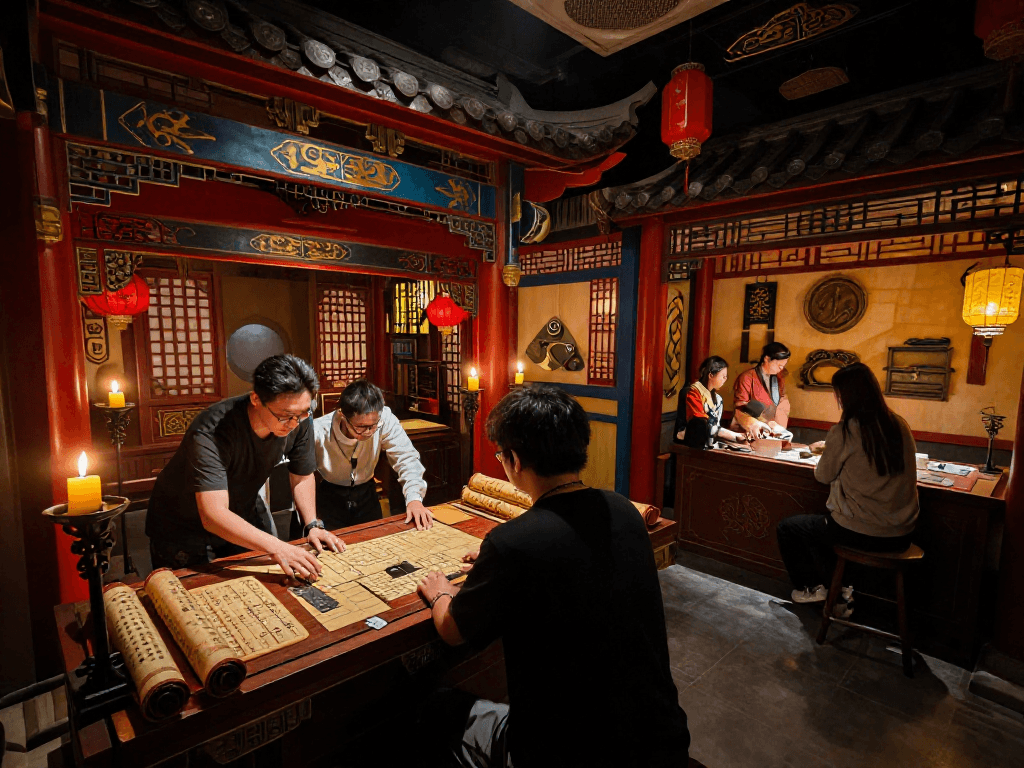 Engaging scene of a player in a rokok88 escape room, exploring mysterious artifacts and elaborate puzzles.