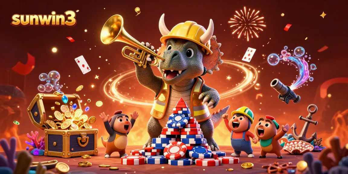 Exciting action at sunwin3 as a cartoon triceratops builds poker chips while celebrating.