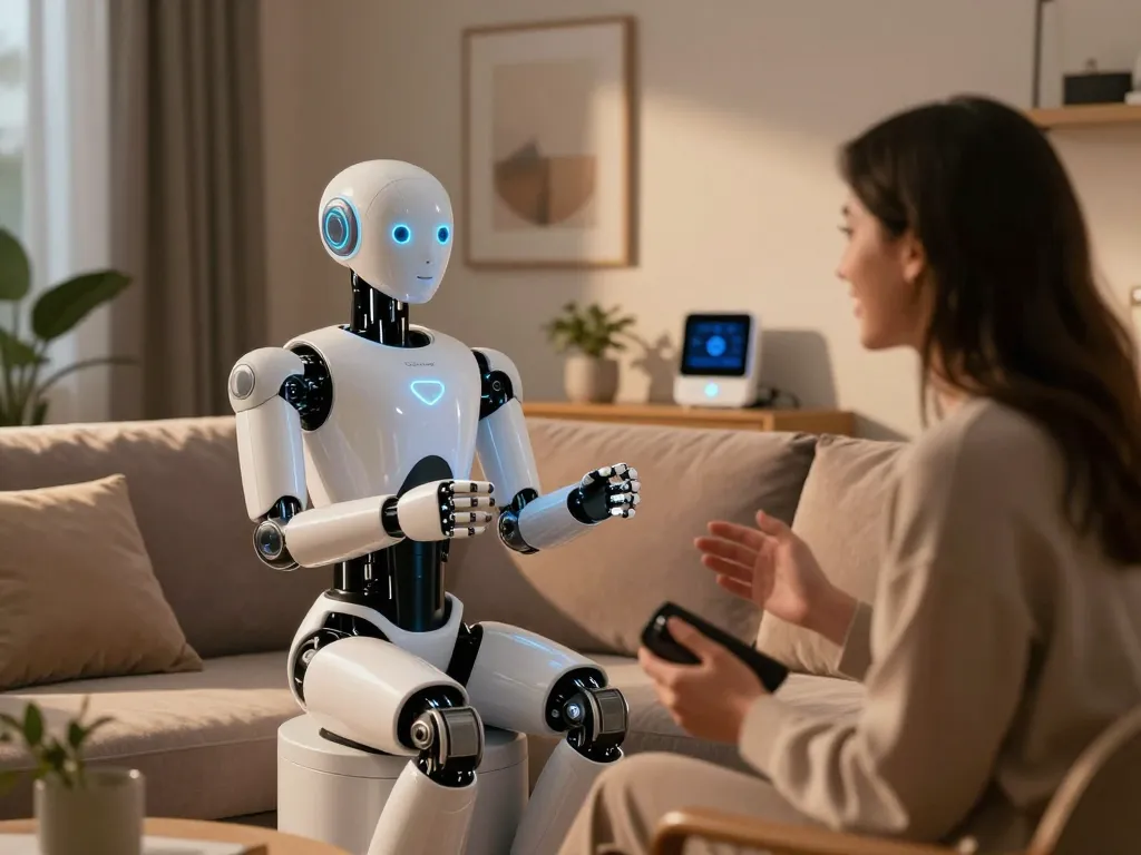 AI sex bot interacting with a user in a modern apartment, showcasing futuristic companionship.