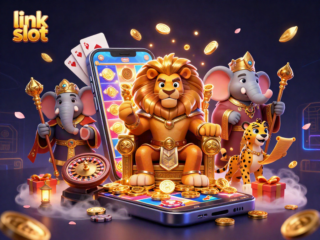 Spin the link slot game with a fierce lion king, elephant advisor, and cheetah messenger in a rich casino scene.