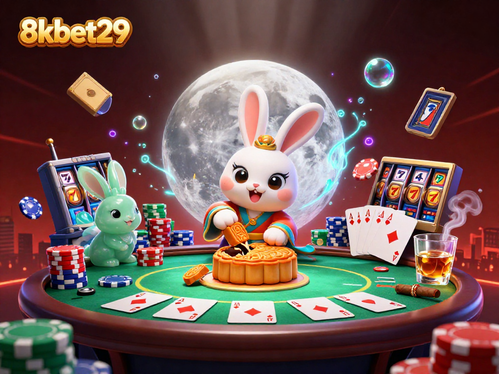 Experience thrilling gaming action with 8kbet29's vibrant casino illustration featuring poker elements and a moon rabbit.