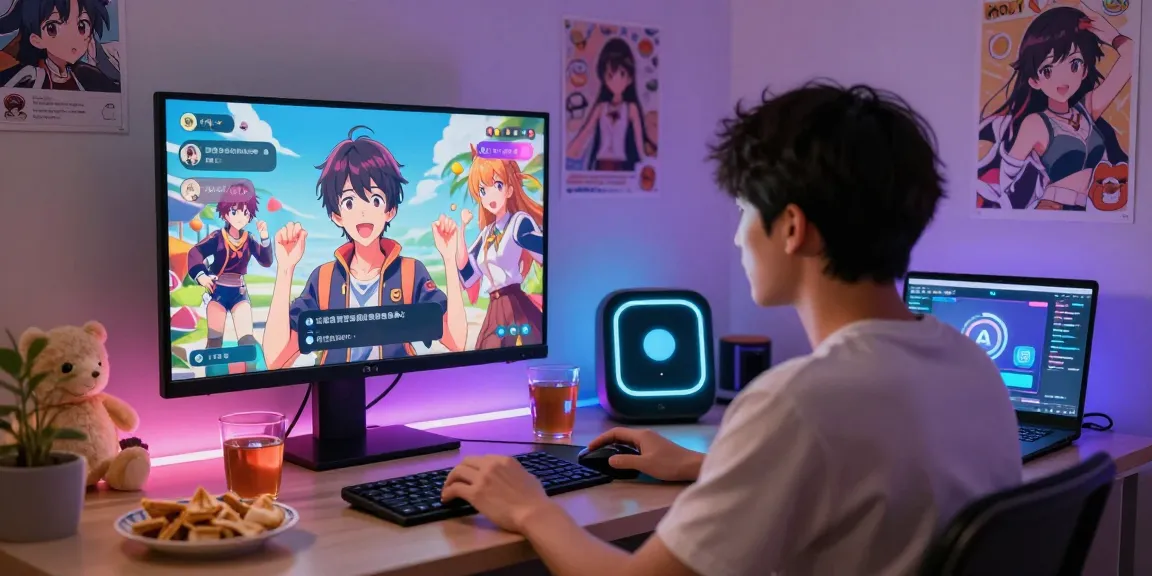User immersed in ai hentai chat experience with anime-inspired decor and vibrant character interactions.