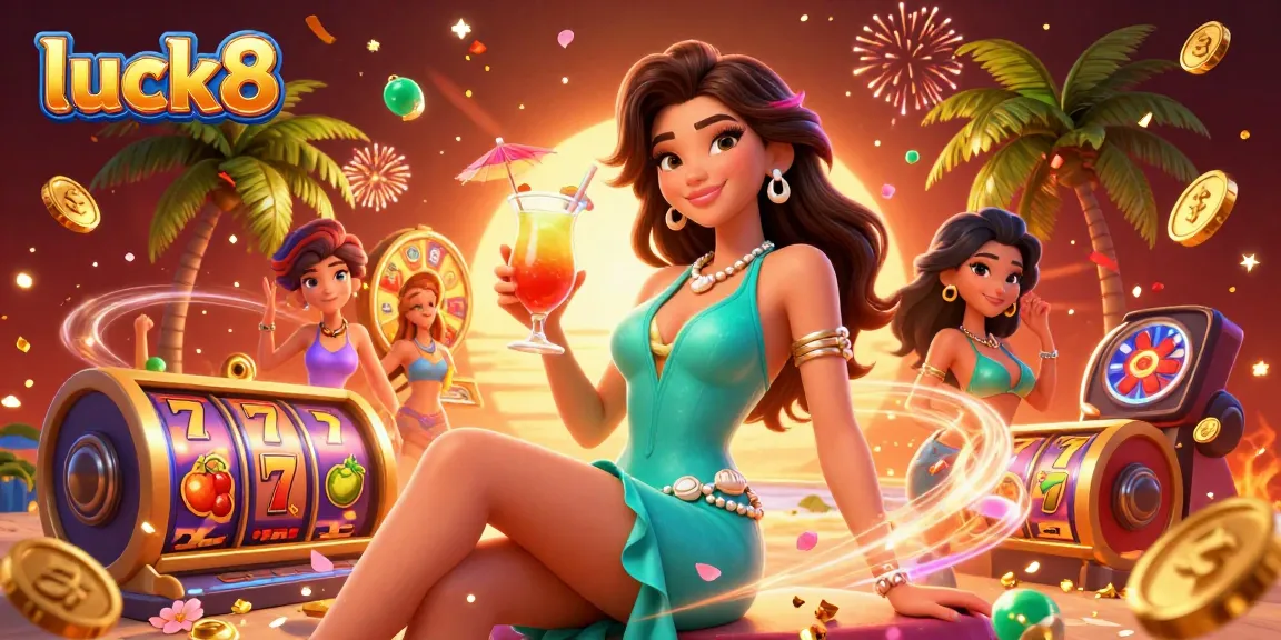 Engage with luck8's vibrant games at a stunning beachside casino illustrated in a 3D scene.