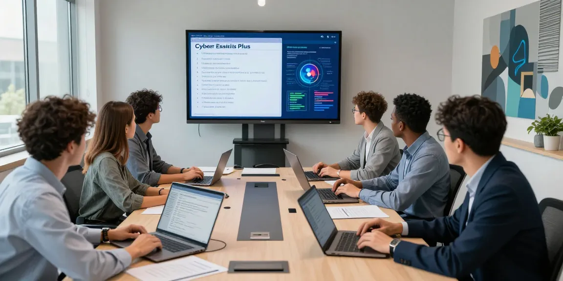 Collaboration scene discussing Cyber Essentials Plus certifications in a modern cybersecurity office setting.