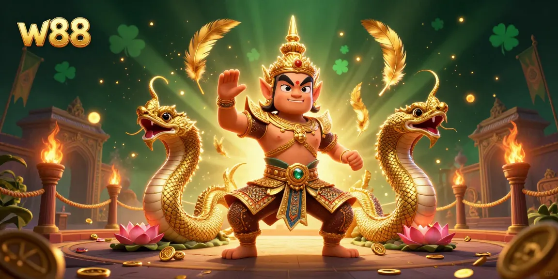 w88 casino illustration showcasing a Thai guardian and Naga serpents amidst vibrant gaming symbols and golden elements
