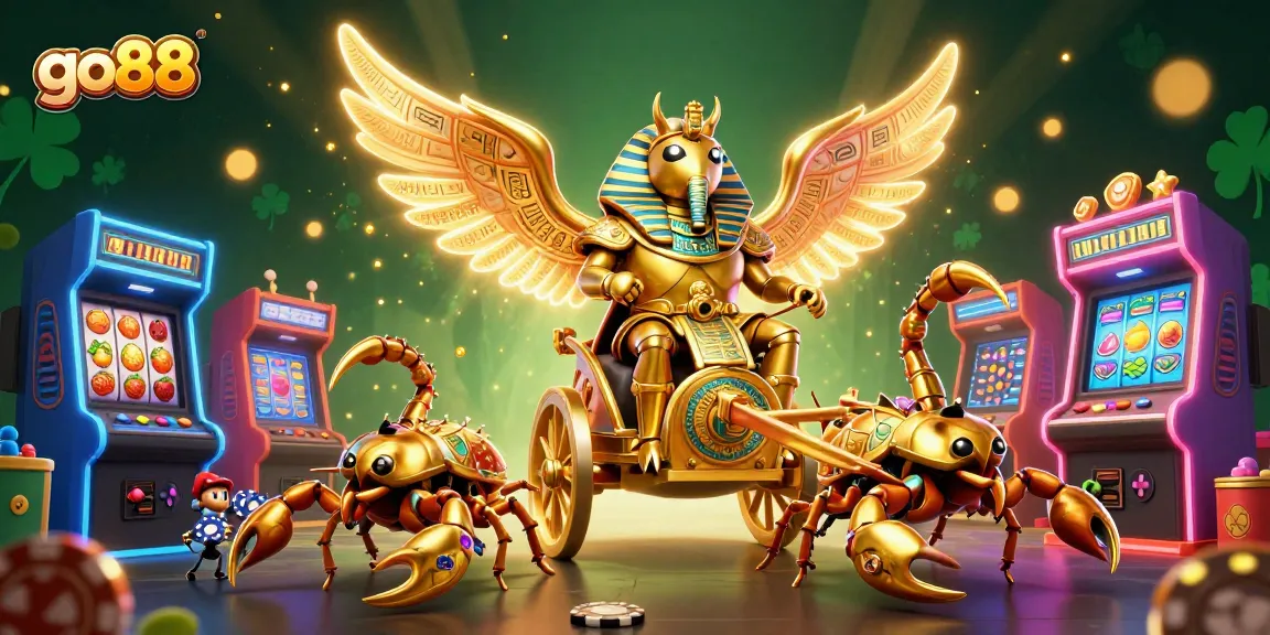 Experience thrilling gameplay at go88 with a vibrant 3D illustration of a golden scarab and game elements.