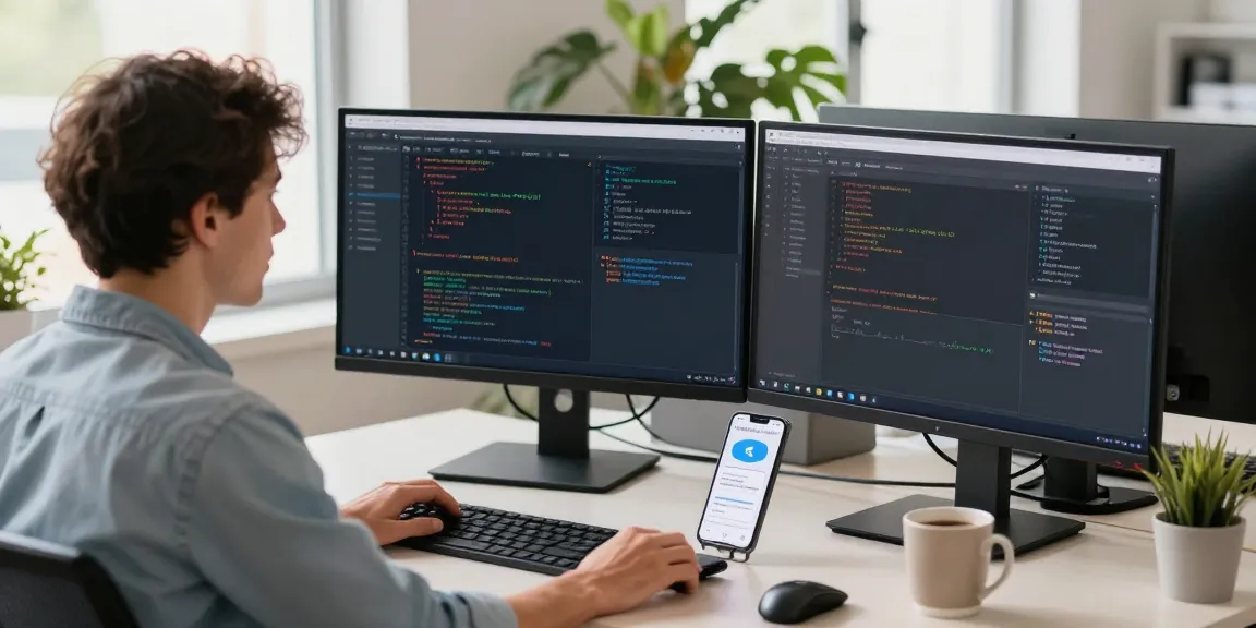Download Telegram on a modern developer's workspace with dual monitors.