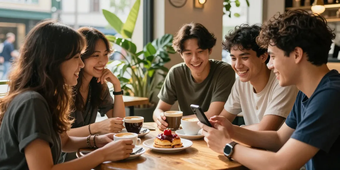 Friends enjoying coffee at a café, discussing rokok88 news, warm afternoon light.