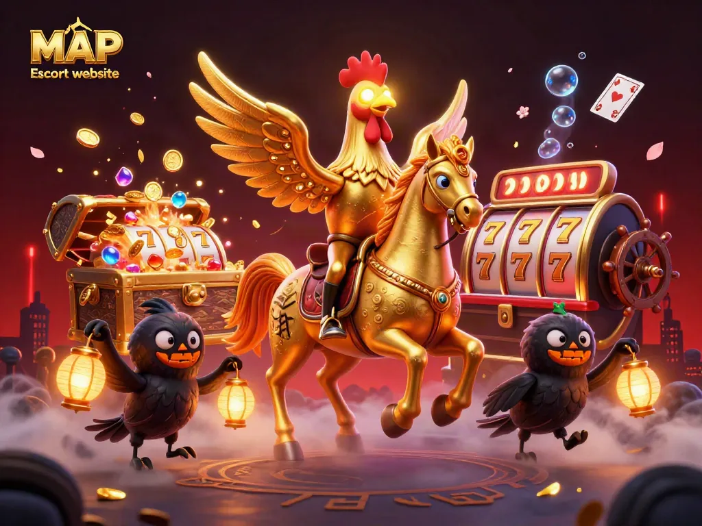 Win big with the MAP Escort website as golden rooster and companions race through a vibrant casino scene.
