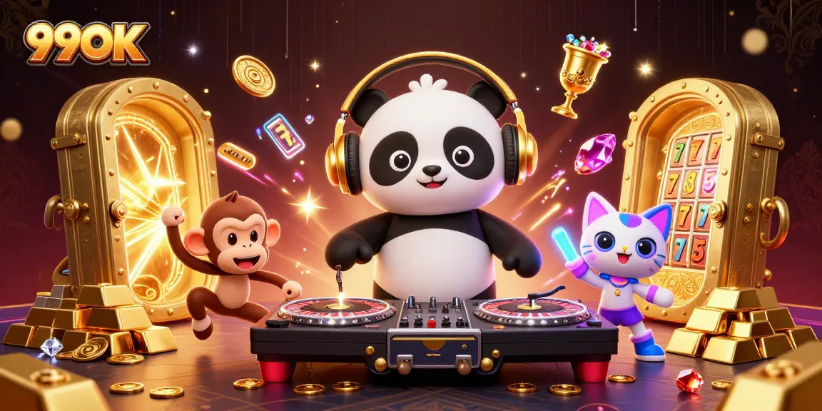 Win big at 99OK with vibrant casino fun featuring a DJ panda, dancing monkey, and colorful kitten.