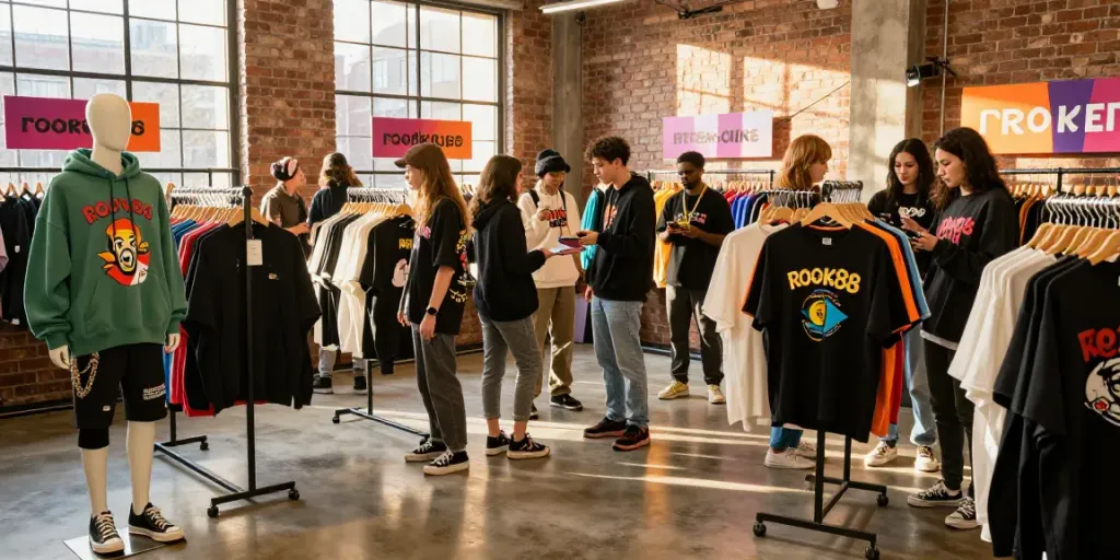 Shop the latest rokok88 streetwear collection in a vibrant urban clothing store with shoppers exploring trendy outfits.