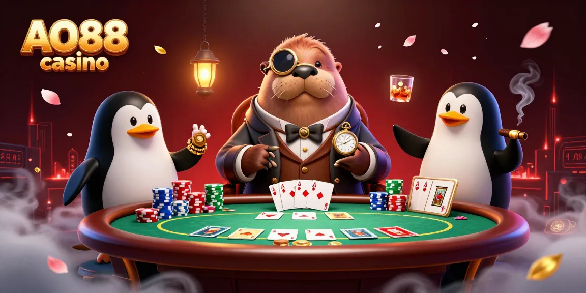 Experience thrilling games at AO88 casino with animated characters in a vibrant poker scene.