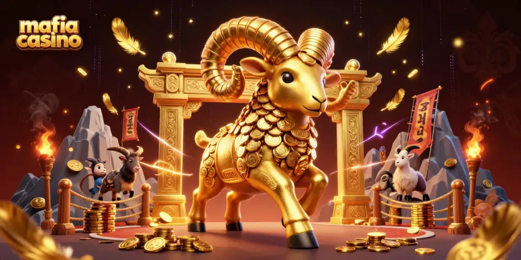 Engage in action at mafia casino with golden ram charging through gold coins and vibrant game elements.
