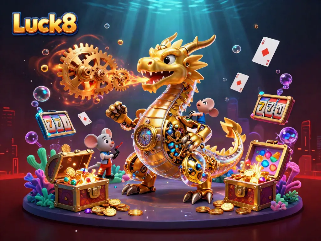 Experience thrilling gaming action at Luck8 with vibrant 3D characters and stunning casino elements.