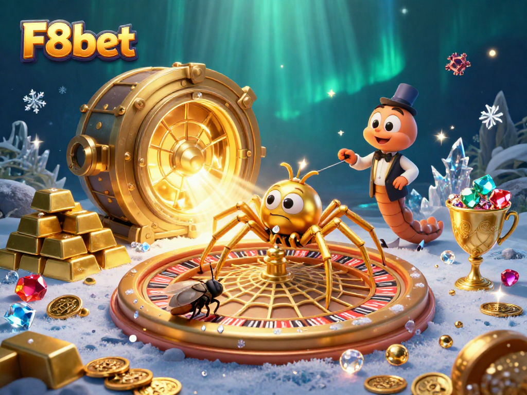 Experience thrilling bets at F8bet with a golden roulette wheel and enchanting casino atmosphere.