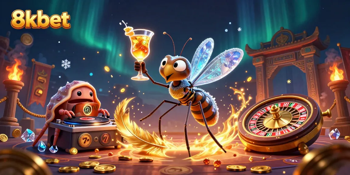 Experience the excitement of 8kbet's dynamic casino world with a legendary frozen mosquito mascot and thrilling gaming elements.