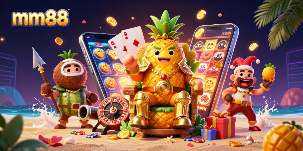 Watch mm88's thrilling casino action with a golden pineapple king and vibrant slot games!