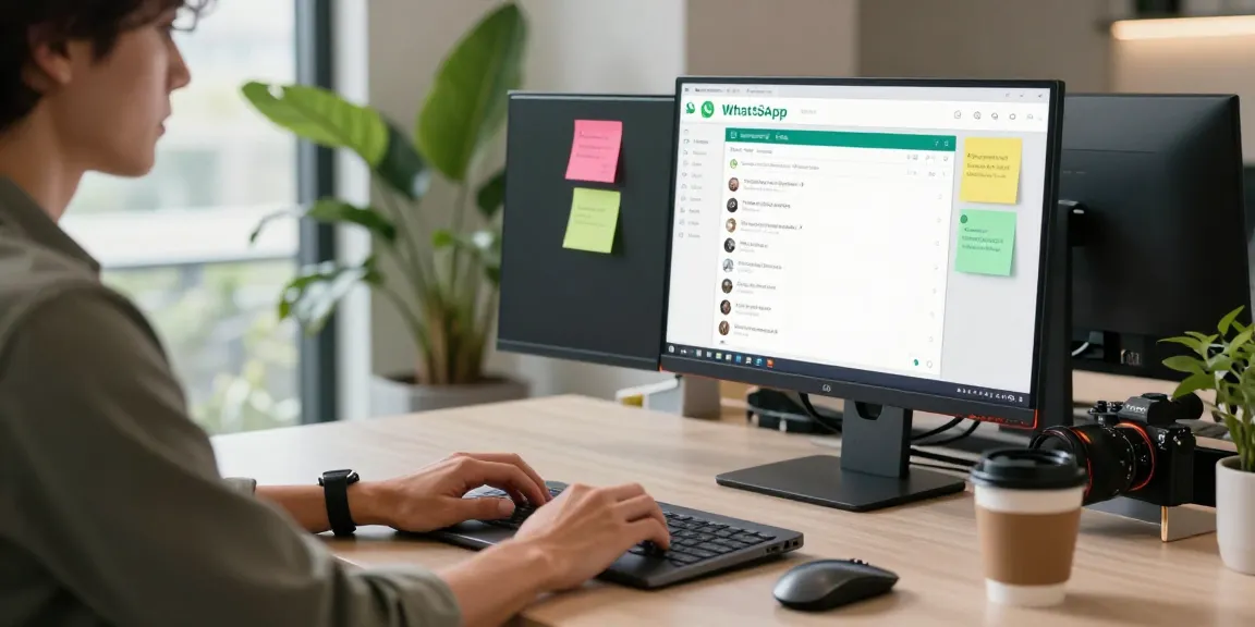 Person accessing WhatsApp網頁版 on a dual monitor setup in a modern office environment, promoting efficient communication.
