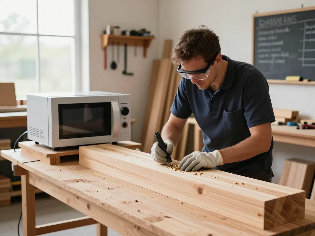 Tecnico che utilizza l'antitarlo a microonde per eliminare i tarli del legno in un laboratorio professionale di trattamento del legno.
