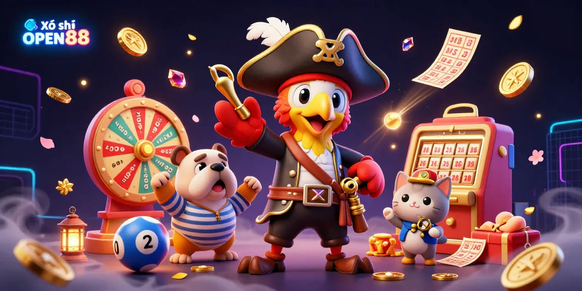 Xổ số OPEN88 showcases a dynamic lottery illustration with characters, sparkling coins, and vibrant game elements.