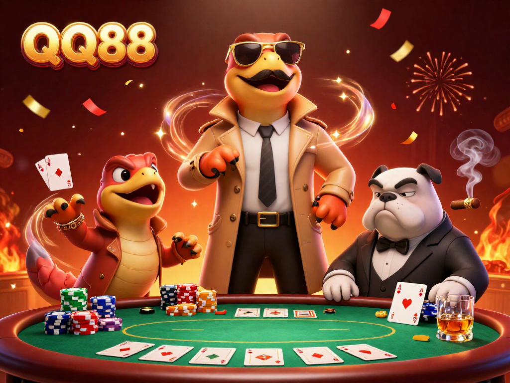 Experience QQ88 at this vibrant casino scene with raptors in a trench coat!