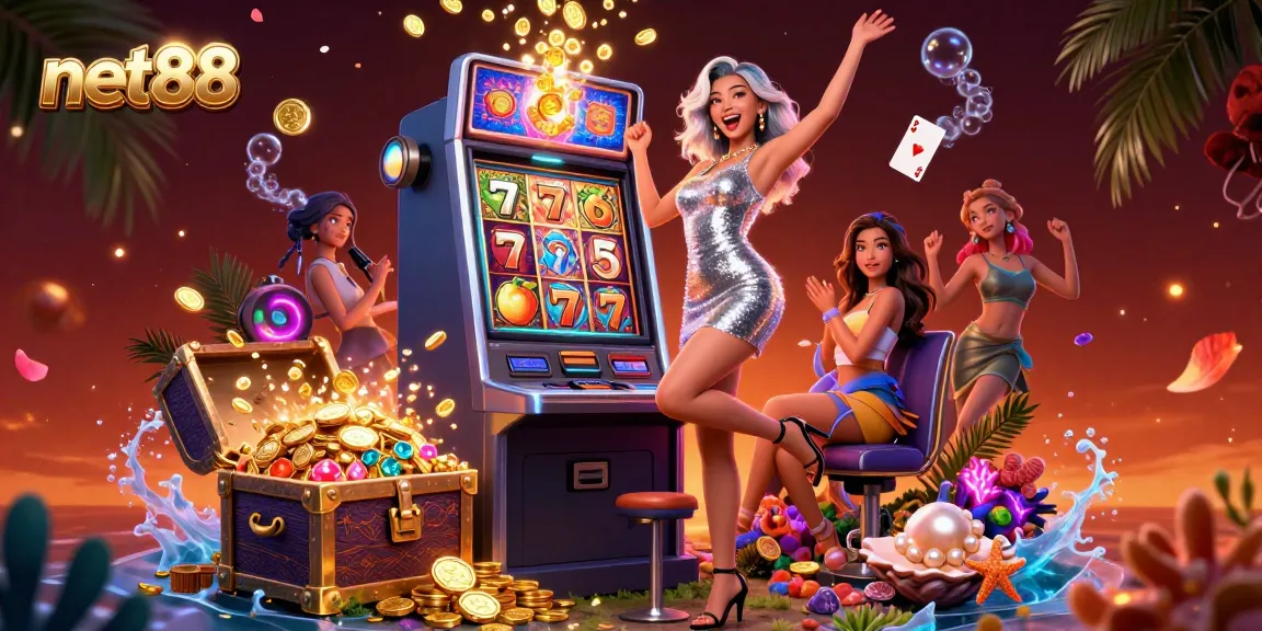 Experience the thrill of net88 as a glamorous Asian woman celebrates a jackpot win on a dazzling slot machine.