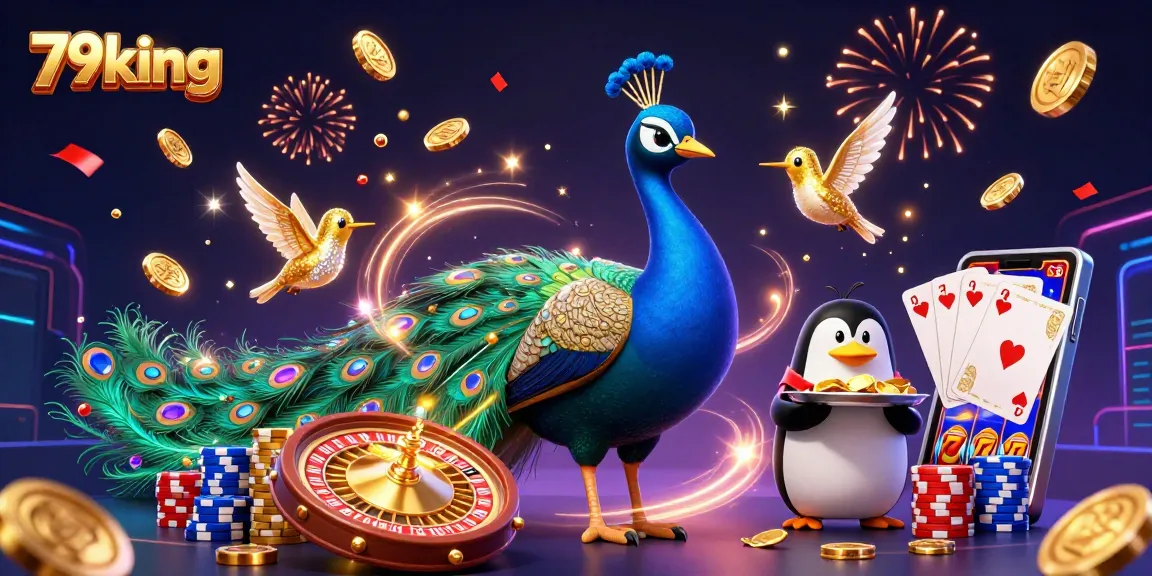 Experience the thrill of betting with 79king as a 3D peacock displays shimmering casino elements, vibrant and dynamic.