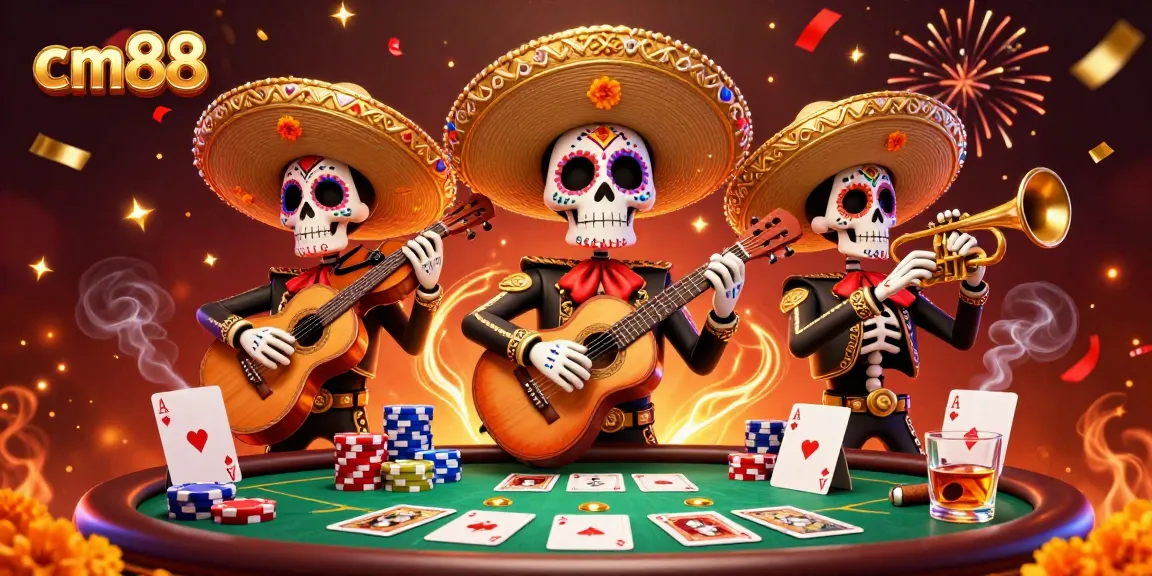 Experience vibrant casino excitement with cm88’s Day of the Dead mariachi band and poker action.