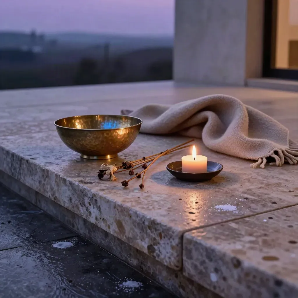 Rituale lunare con ciotola di ottone, candela e stola su pietra dopo la pioggia.
