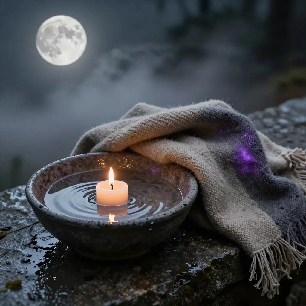 Rituale di luna piena su pietra bagnata con coppa d’acqua, candela e lana ripiegata.