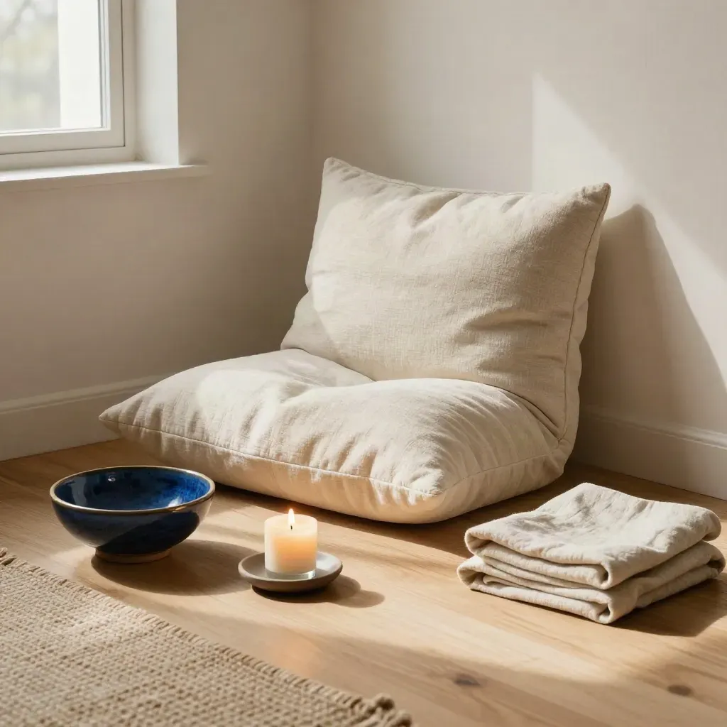Angolo meditativo con cuscino, ciotola in ceramica e candela soffusa nella luce calda.
