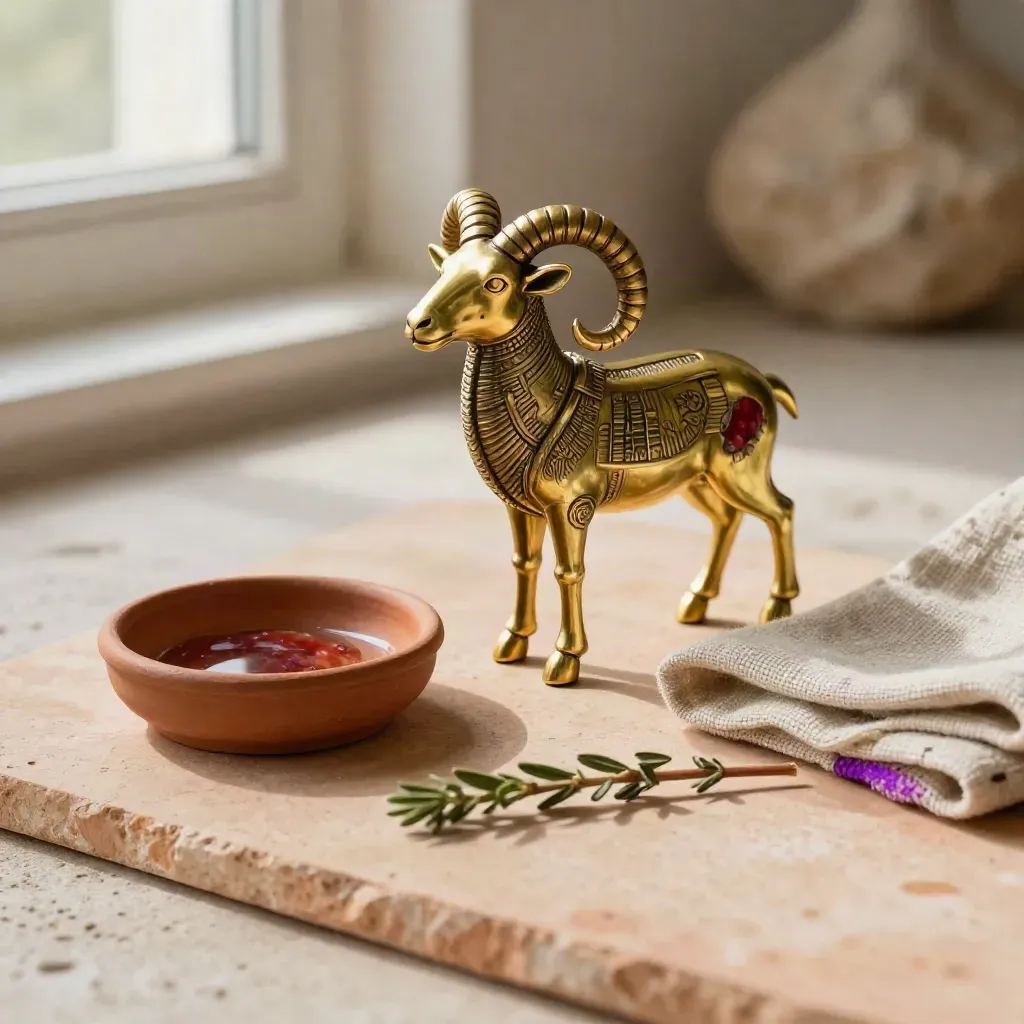 Talismano d’ariete in ottone con dish in terracotta, lino e rametto d’erbe su pietra.
