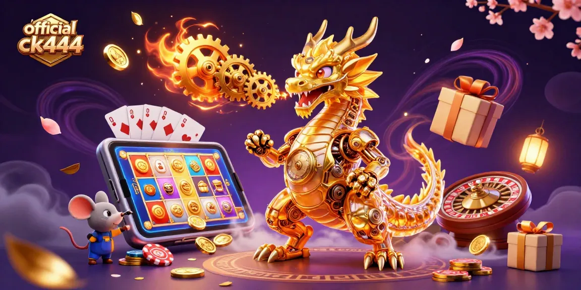 Spin to win at official ck444 with a vibrant illustration of an epic dragon and slot games.