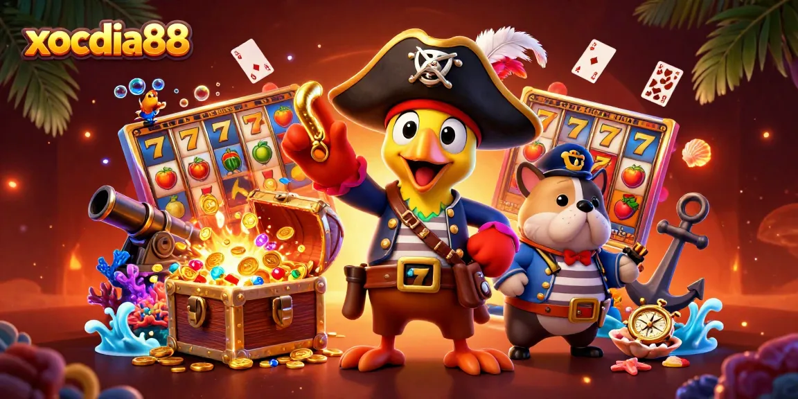 Xocdia88 enhances gaming excitement with a dynamic scene featuring 3D cartoon characters engaging in slot games surrounded by treasure.