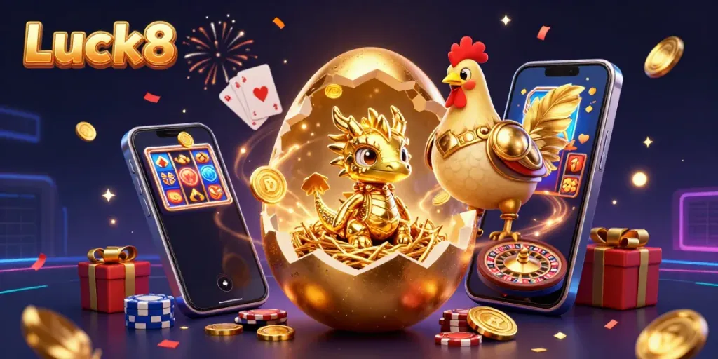 Experience thrilling gaming at Luck8 with a golden dragon amid vibrant casino elements.