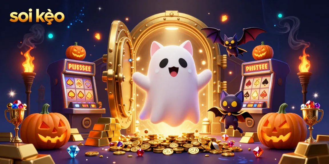 Experience thrilling soi kèo action with a ghost cat and vampire bat in a vibrant haunted casino.