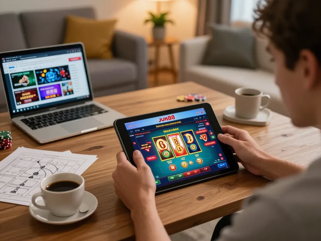 Engaging player using Link Jun88 on a tablet for an exciting mobile casino experience.