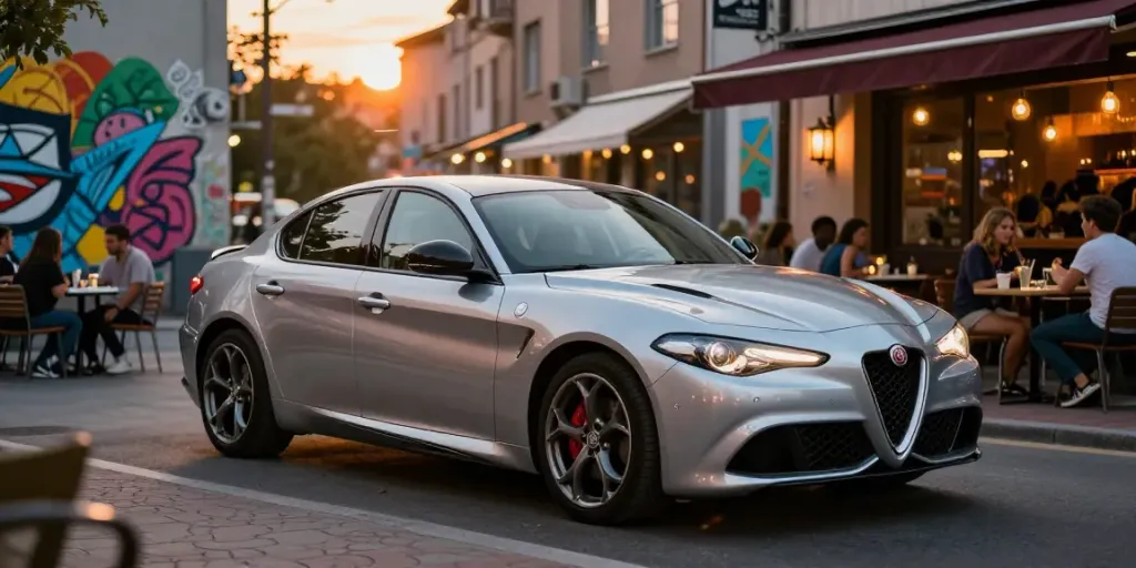 Noleggio lungo termine Alfa Romeo: auto elegante in ambiente urbano al tramonto con vivaci luci di città.
