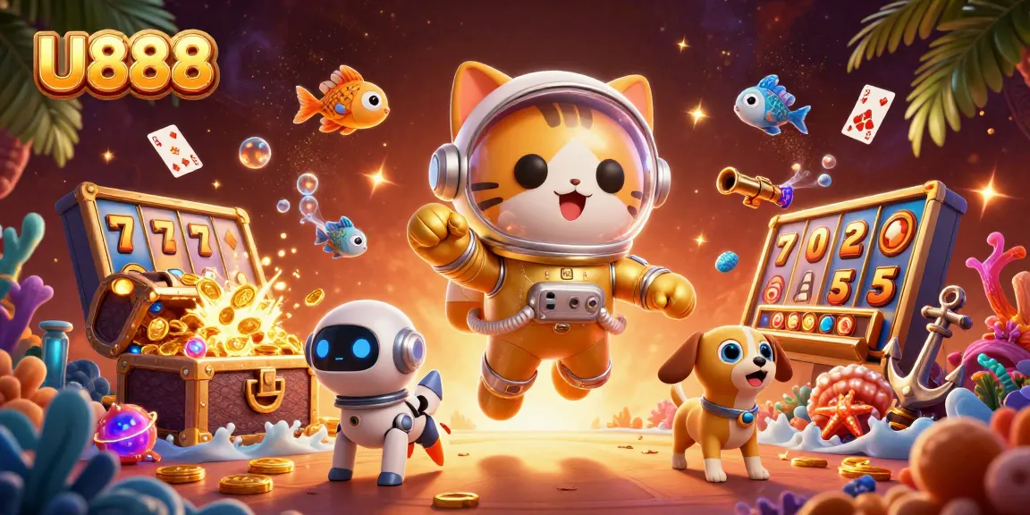 Experience thrilling gaming action at U888 with a vibrant illustration of an astronaut cat and robot dog in a 3D casino environment.