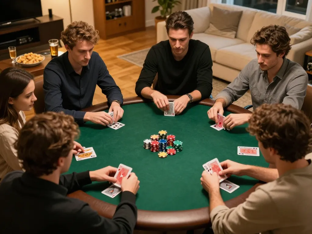 Friends playing poker at home, cm88 gambling experience with competitive atmosphere.