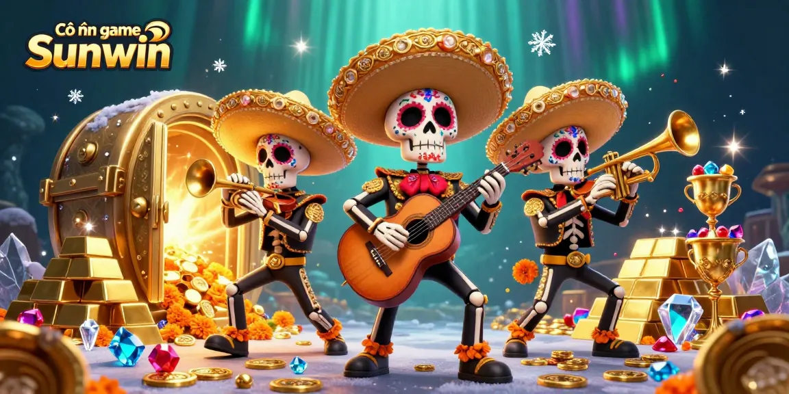 Engage in the thrilling Cổng game Sunwin experience with vibrant illustrated mariachi skeletons and gold treasures.