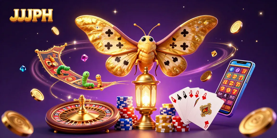 Experience JJJPH with a vibrant casino-themed illustration of a moth amidst golden coins and cards.