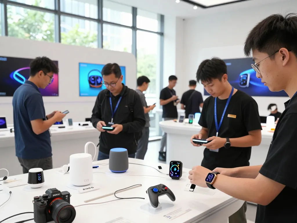 Showcasing the latest tech gadgets 2065 in a vibrant showroom with people interacting with innovative Bluetooth devices.