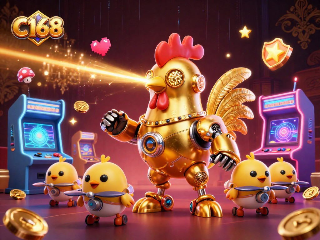 C168's exciting 3D casino scene featuring a futuristic rooster robot and vibrant arcade elements.